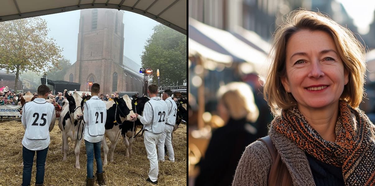 Links een echte foto van koeien op de Koeiemart, rechts een AI-portret van een glimlachende vrouw