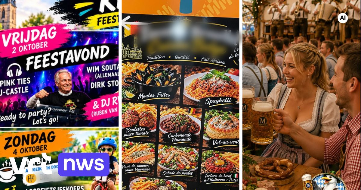 Drie AI-affiches naast elkaar: een feestavond, een menukaart met moules-frites en een oktoberfeest