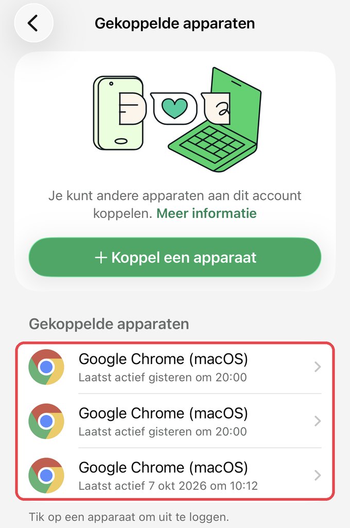 De lijst met gekoppelde apparaten in WhatsApp: drie keer Google Chrome op macOS