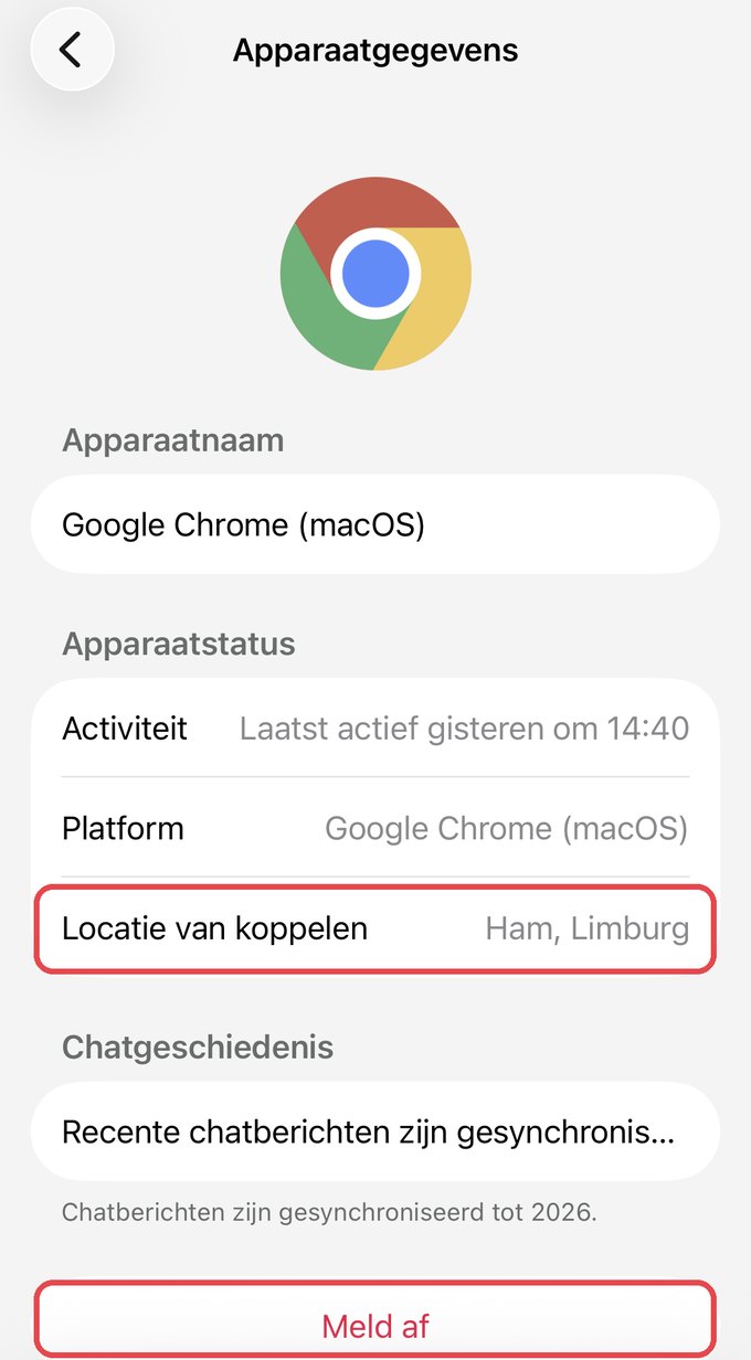 Apparaatgegevens in WhatsApp met de locatie van koppelen en de knop Meld af aangeduid